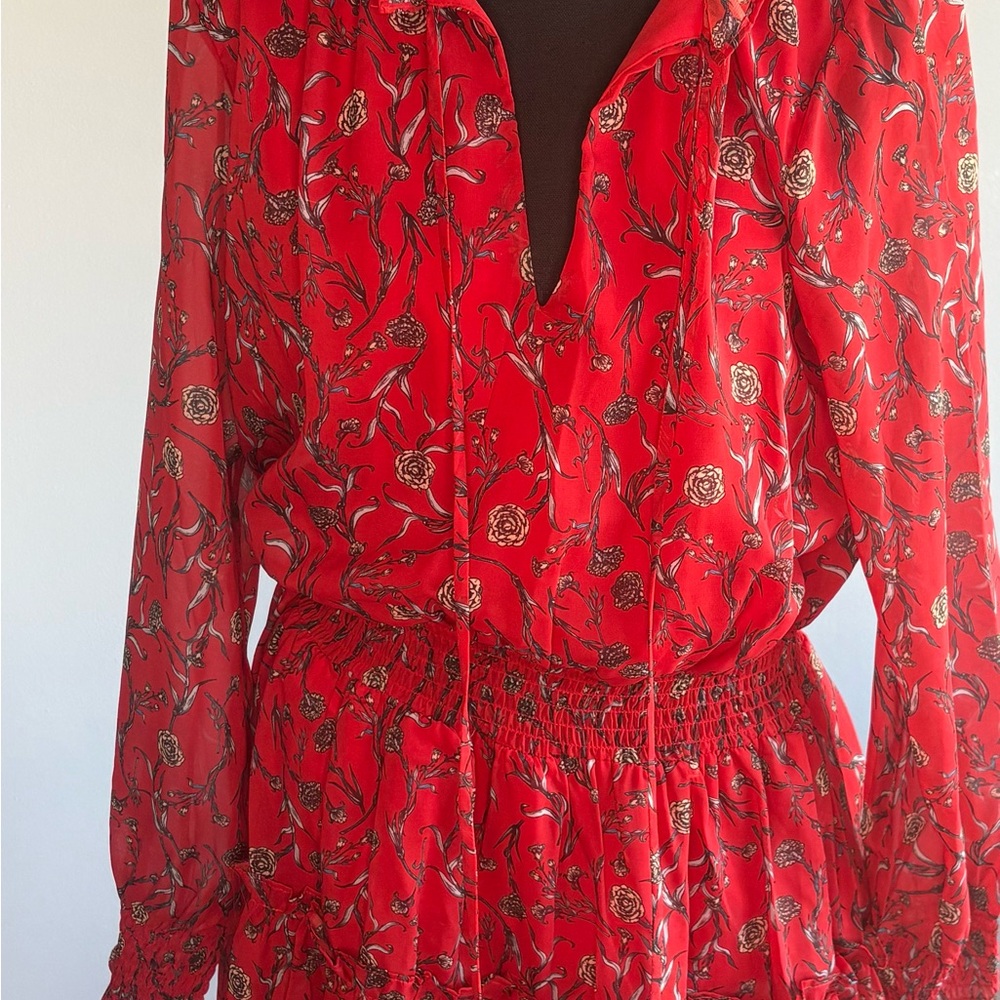 NSR Red Floral Long Sleeve Smocked Waist V-Neck Dress with Tie